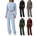 thumbnail image 2 of 2 Pcs/Set Women Top Pants Set Round Neck Long Sleeve Crop Top Drawstring Elastic Waist Wide Leg Sweatpants Sport Outfit Spring Autumn Tracksuit, 2 of 8
