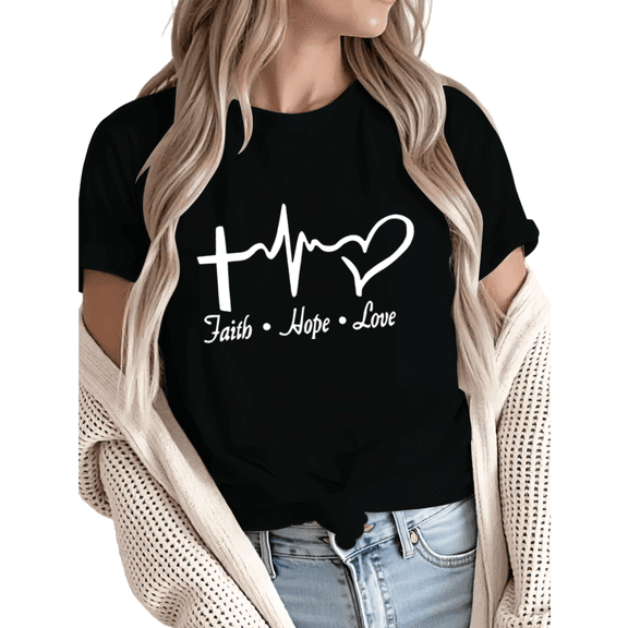Giffimy Women's Faith Hope Love Cross Heartbeat Christian Graphic Short Sleeve T-Shirt Casual Cotton Crewneck Top Black S-5XL