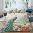 thumbnail image 3 of Funda nórdica Queen Size Juego de cama de plumas de pavo real rosa floral y animal, 3 of 6