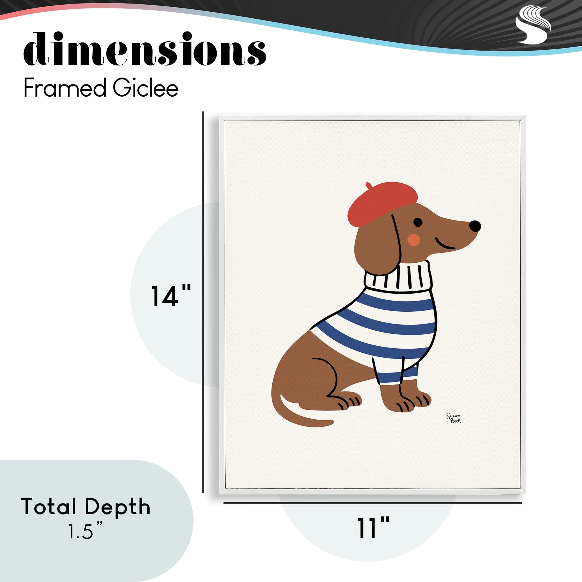 French Dachshund in Beret White Framed Giclee Art, design by Jessica Beck