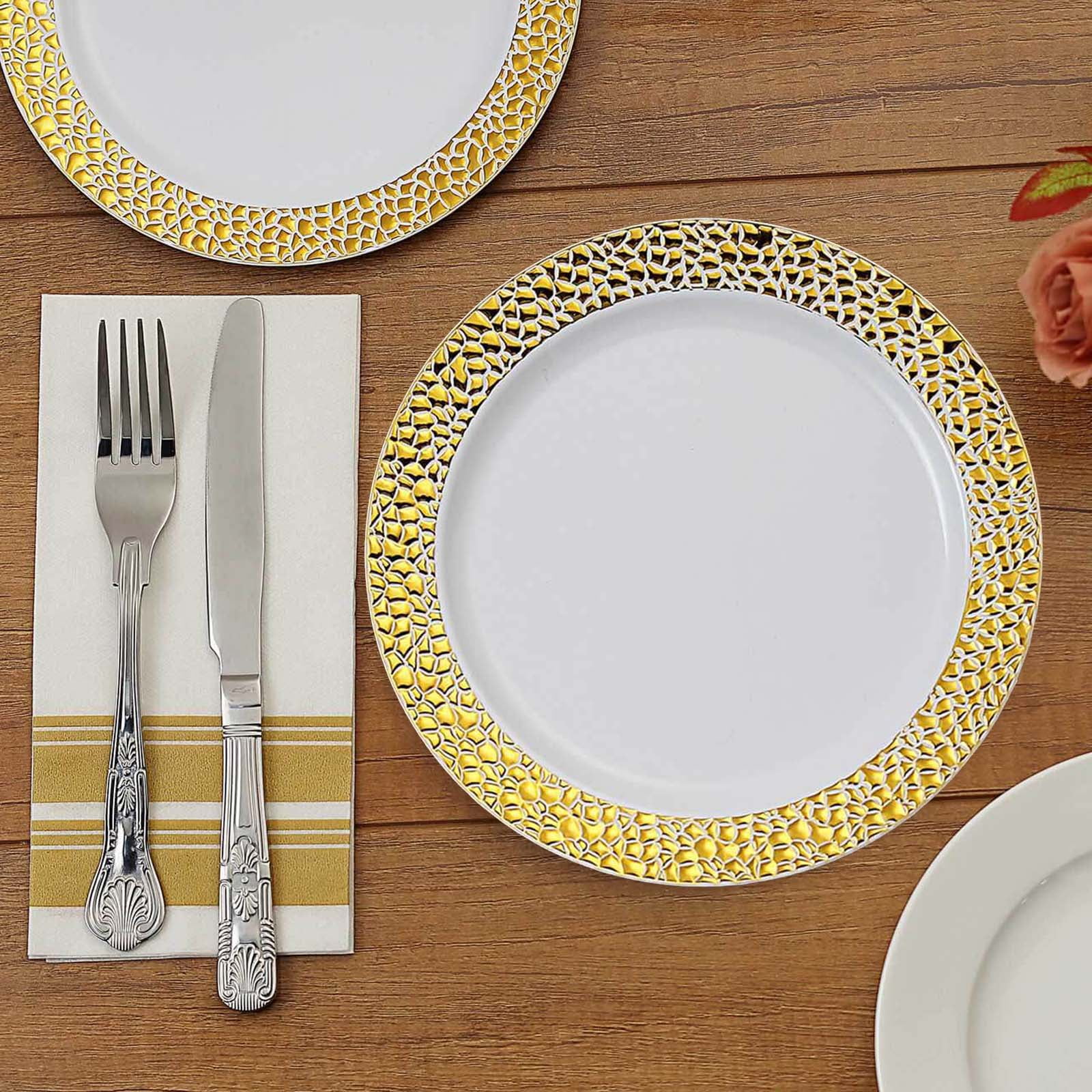 Set Elegant Disposable Plastic Plates Gold Rim White 25- Dinner Plates PB 50 Pieces for 25 guests Heavy duty Premium Plates for Party Wedding Appetizer Fancy Reusable 25- Dessert Plates 