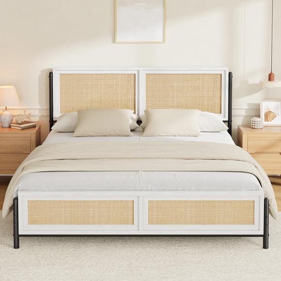 Boho Queen Size Rattan Bed Frame, Wooden Queen Platform Bed with Natural Rattan Headboard & Footboard, No Box Spring Needed, Noise-Free, Easy to Assemble - White