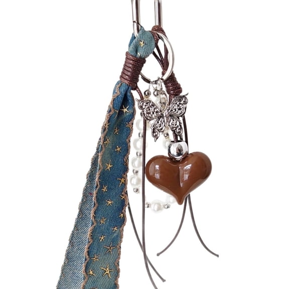 Unisex Denims Bag Charm Bohemian Braided Rope Designs Featuring Artistics Butterfly Heart Pendant