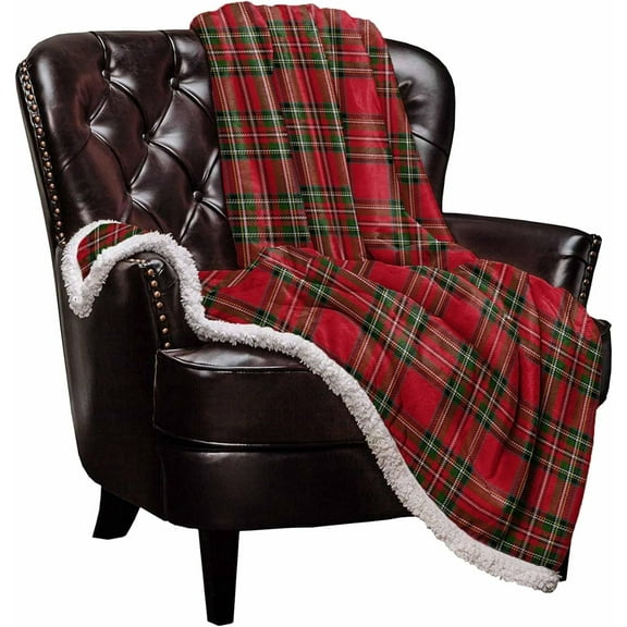 Christmas Sherpa Fleece Throw Blanket for Couch, Red and Green Plaid Checked Cozy Fluffy Blanket 40"x50", Fuzzy Thick Reversible Warm Plush Blanket for Bed Sofa