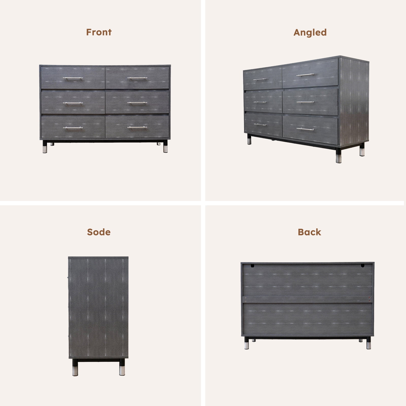 BERRY NEST Grey Dresser for Bedroom, 6 Drawer Wood Dresser with Modern Storage Organizer, Wide Chest of Drawers for Clothes, Closet, Living Room