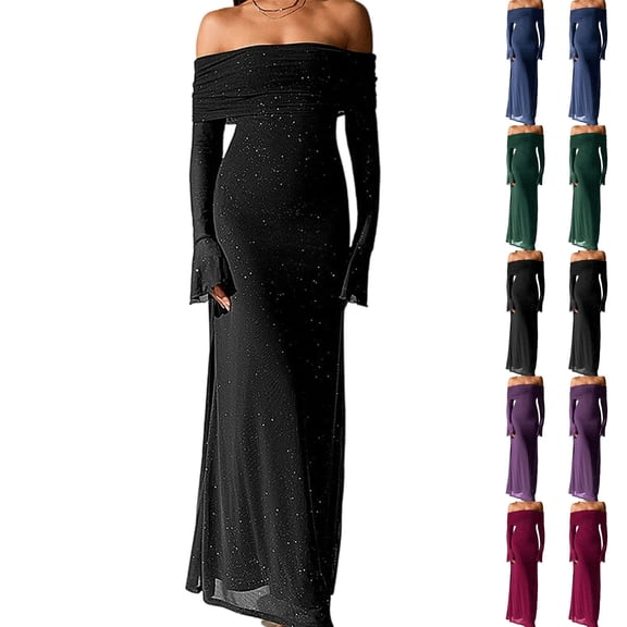 ZQUUVOU Women's Square Neck Gown Long Sleeve Flared Cuff Silver Sequin Glitter Evening Formal Maxi Dresses Red