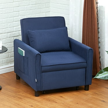 HOMCOM 3-in-1 Convertible Chair Bed, Folding Single Sofa Bed, Pull Out Sleeper Chair with Adjustable Backrest, Pillow, and Pockets, Blue