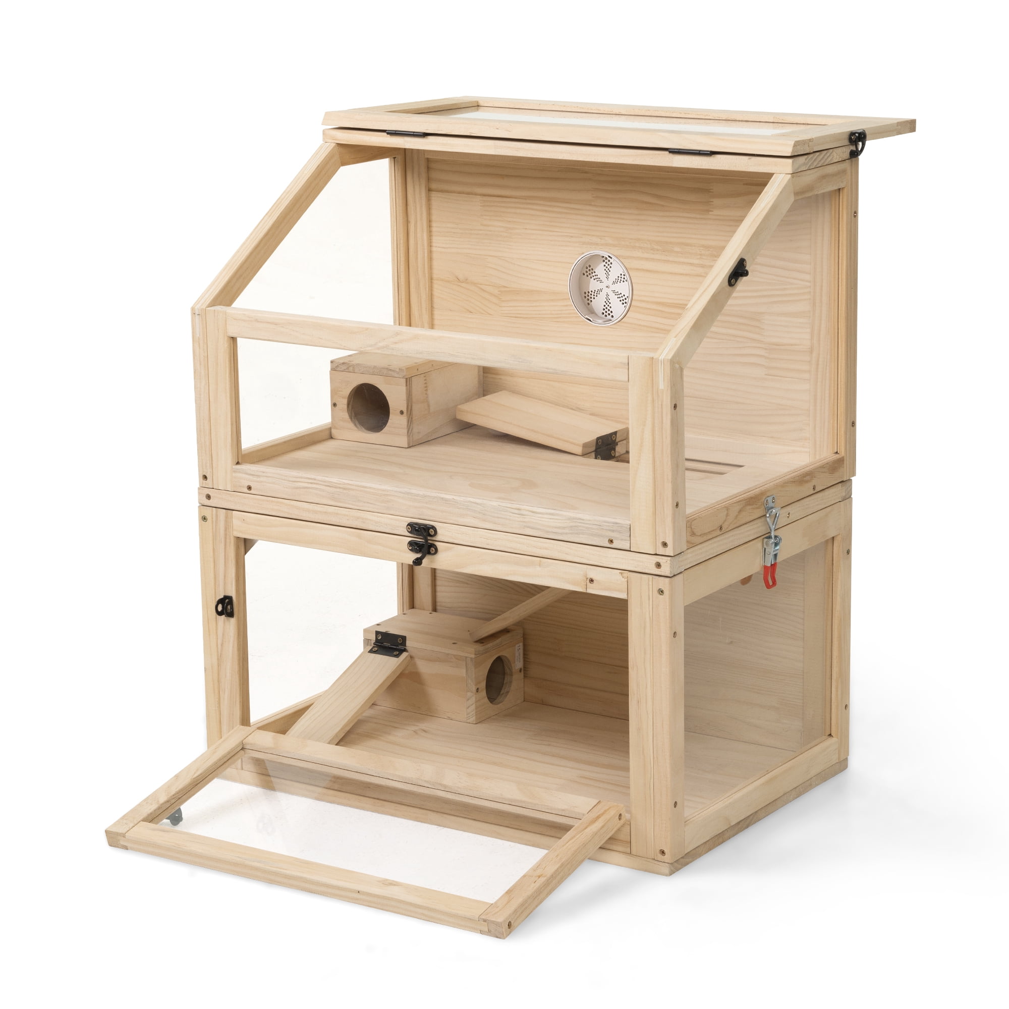 COZIWOW 2-Tiers Wood Hamster Cage with Hideouts, Ramps, Acrylic Window, Door Access for Small Animals, Natural