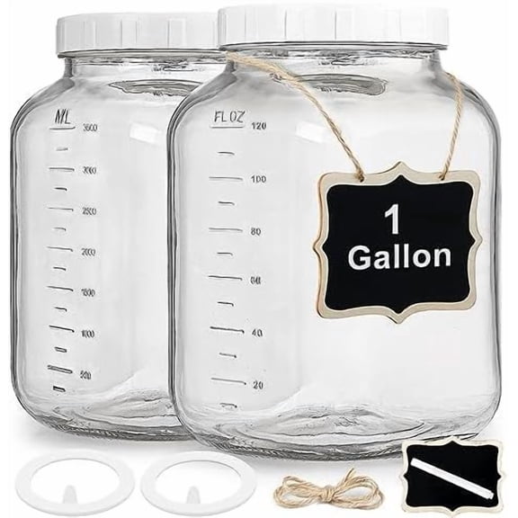 2 Pack Wide Mouth 1 Gallon Clear Glass Jar with Lid, Heavy Duty Airtight Screw Lid with Silicone Gasket - Large Mason Jar with 2 Scale Mark for Fermenting Kombucha and Storing Food(Extra 2 Gaskets)