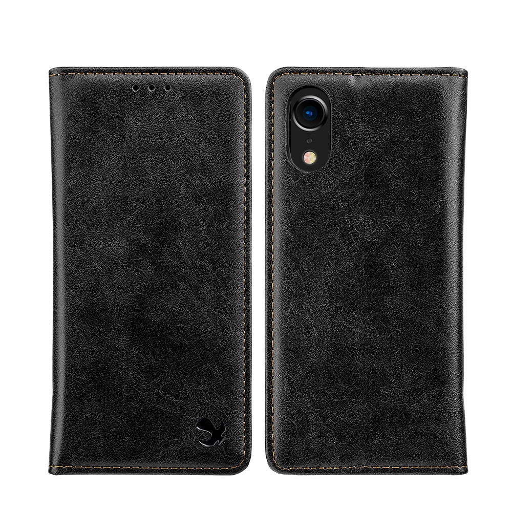 BUNDLE PACK: Vegan Leather Wallet Flip Case with Kickstand & Credit Card Slots (Black) Includes Tempered Glass Screen Protector for Apple iPhone XR