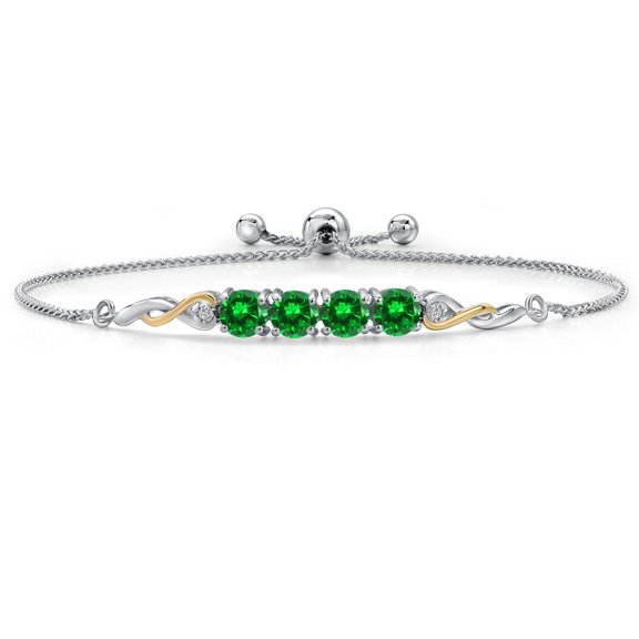 Gem Stone King 925 Silver and 10K Yellow Gold Green Created Emerald and White Lab Grown Diamond Bracelet for Women | 3.38 Cttw | Gemstone May Birthstone | Round 5MM | Fully Adjustable 9 inch