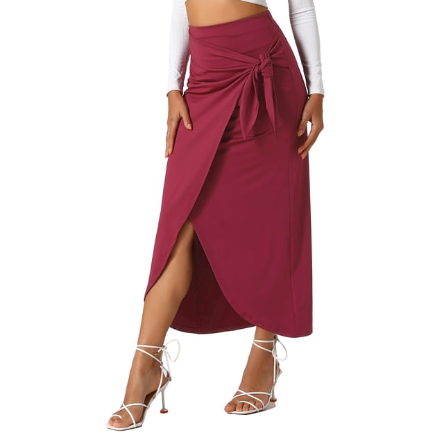 Falda larga bohemia de cintura alta para mujer INSPIRE CHIC, falda maxi envolvente de verano para playa con abertura, talla XS, color rojo vino