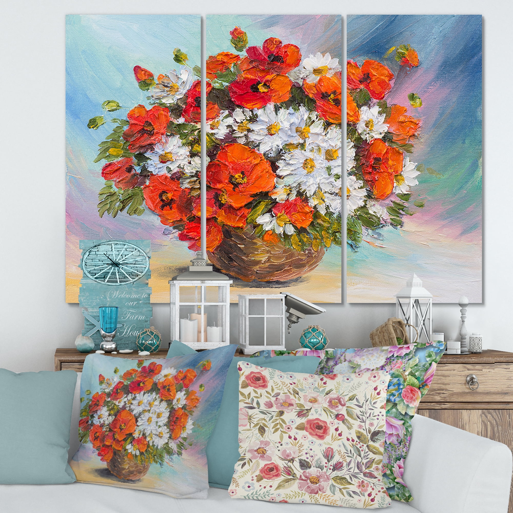 Designart ' Still Life Bouquet Of Daisies and Poppies ' Traditional Canvas Wall Art Print
