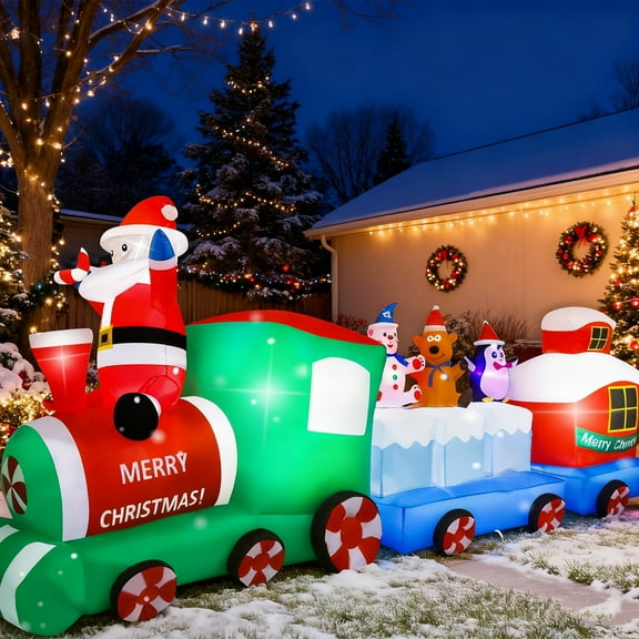DAKIMOE 9FT Christmas Inflatables Decoration Outdoor LED Lights Santa Claus Drives Train Blow up Xmas Decor Lawn Yard Patio Garden Christmas Decor Indoor Festive Holiday Spirit