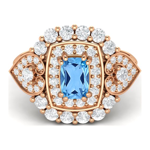6X4mm Cushion Shape Swiss Blue Topaz 925 Silver Rose Plated Cocktail Women Valentines Day Gifts Ring