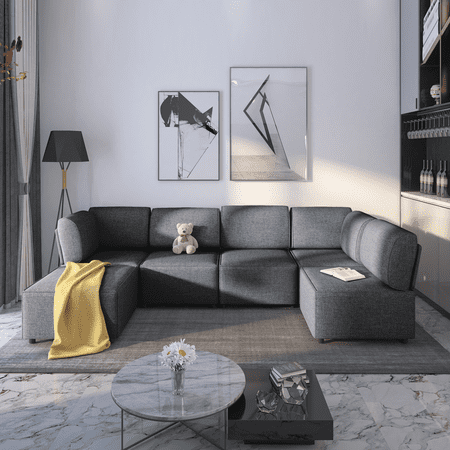 Mjkone Modular Sectional Sofa,Linen U/L-Shaped Couches and Sofas Sectional for Living Room,Living Room Furniture Sets,Dark Gray