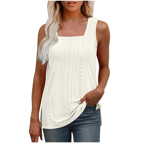 Lenpel Women's Tank Tops Square Neck Side Split Eyelet Embroidered Sleeveless Summer Blouses Casual Tunic Shirts
