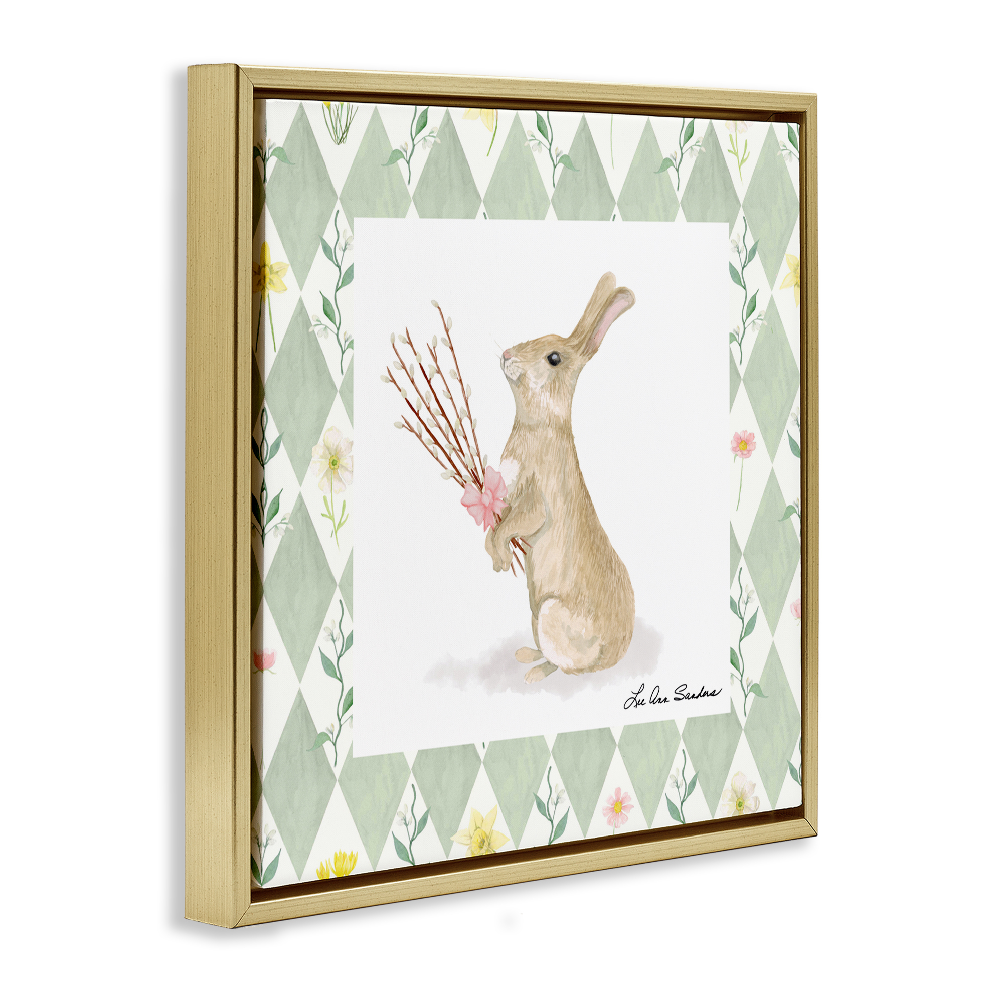 Bouquet Bunny on Green Argyle Gold Framed Floater Canvas Wall Art, design by Lee Ann Sanders