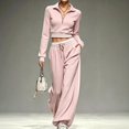 thumbnail image 3 of WULMLEO Athletic Tracksuit for Women Long Sleeve Quarter Zip Cropped Top And Wide Leg Pants With Pockets Pink XL, 3 of 7