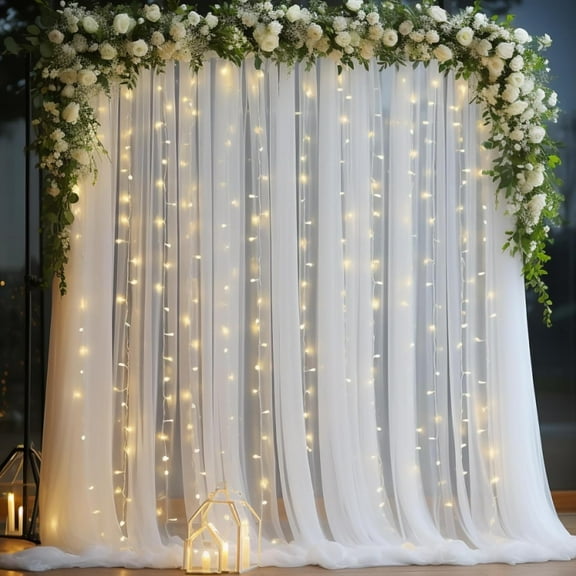 White Tulle Backdrop Curtain with Lights String for Parties, Sheer Curtain Backdrop Drapes for Wedding Bridal Shower Birthday Party Photography Background Decoration