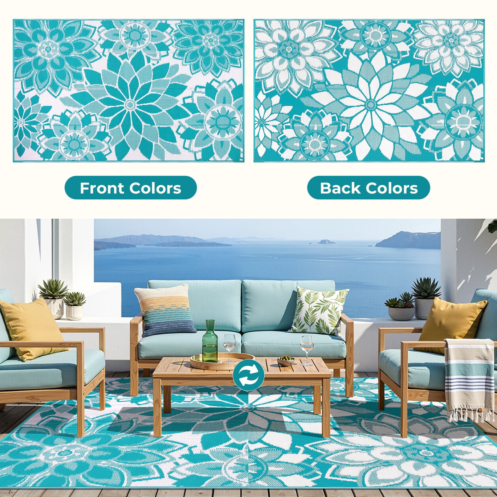Findosom 6'x9' Outdoor Rug Patios Rug Waterproof RV Outdoor Rug Camping Rugs Reversible Plastic Straw Rug Large Outdoor Mat Outdoor Area Rug for Camping,Balcony Apartment,Patio,Picnic,Beach Teal