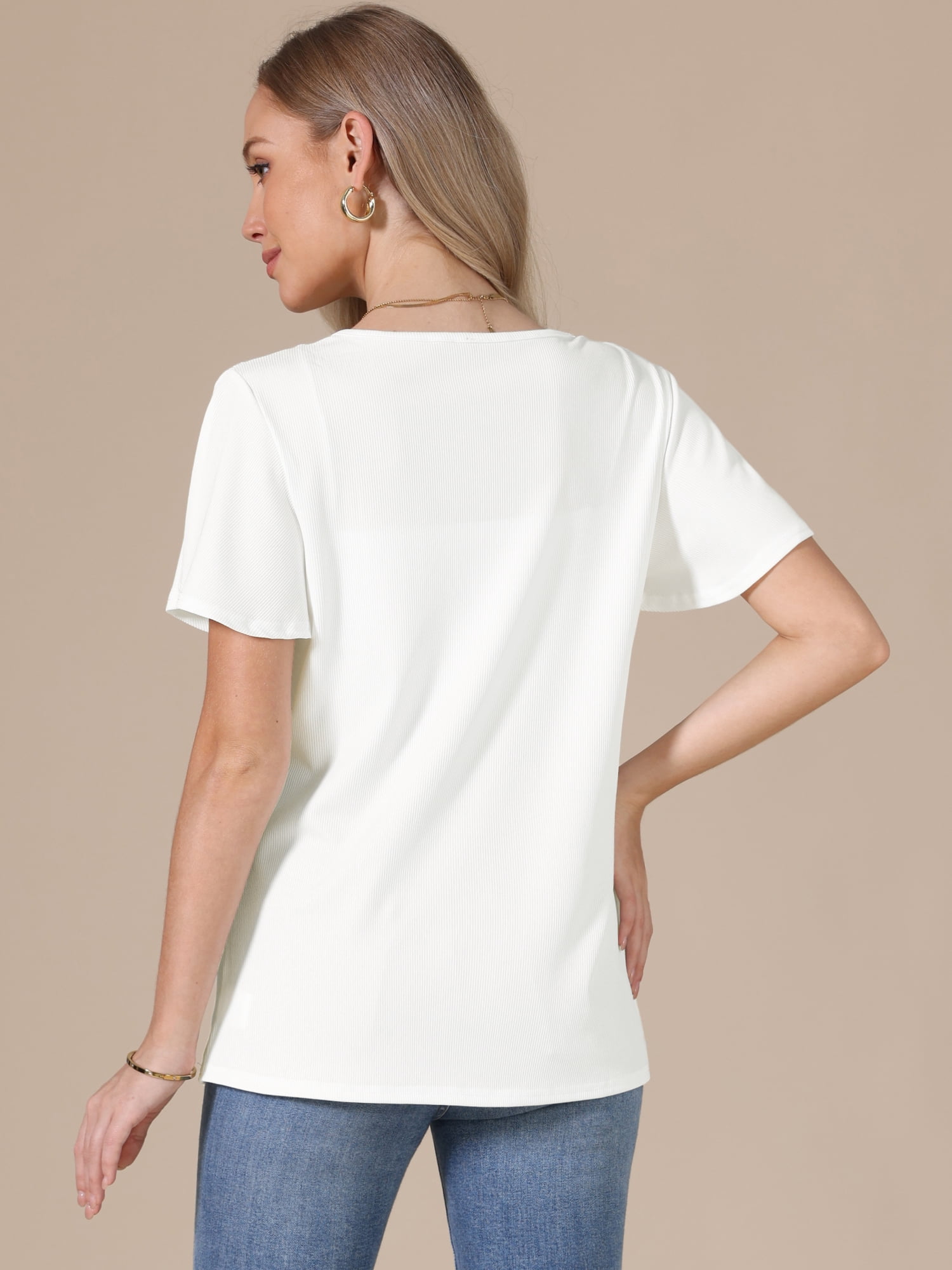 DARING DIVA Women's Short Sleeve Shirts V Neck Dressy Casual Tunic Tops M White