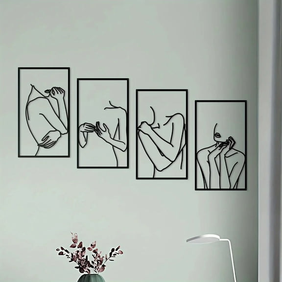 4pcs Black Minimalist Woman Line Art - Abstract Single Line Metal Wall Decor - Elegant Home Art - Waterproof & Rustproof, Suitable for Modern  Decor Home Decoration Room Decor Bedroom Decor