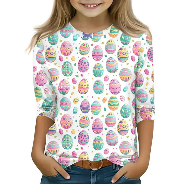 OIOLOYJM Chandails de Pâques pour Fille, Imprimé Lapin et Oeuf, Manches 3/4, Chandails de Printemps à Col Rond, T-Shirts Amples, Blouses Mode, Beige, 4-5 Ans