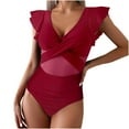 thumbnail image 4 of Wyobmus Women's One Piece Swimsuit Tummy Control Bathing Suits Ruffle Sleeve Swimsuit Full Coverage Qiuck Drying Swimwear Burgundy, 4 of 4