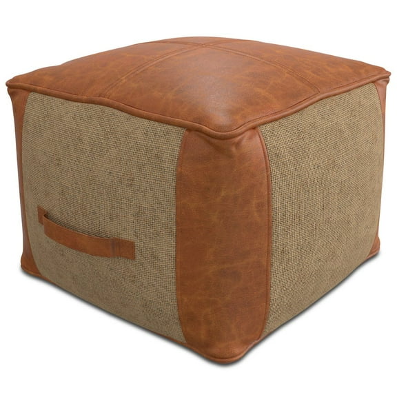 Simpli Home Atkinson Boho Square Pouf in Tan Genuine Leather