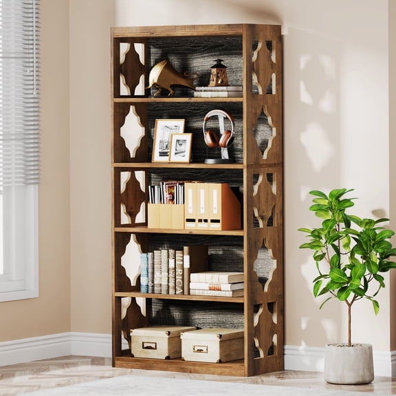 Finmind Farmhouse Bookcase, 70 inch Tall Wooden Bookshelf with Shelves for Living Room, Home, Brown