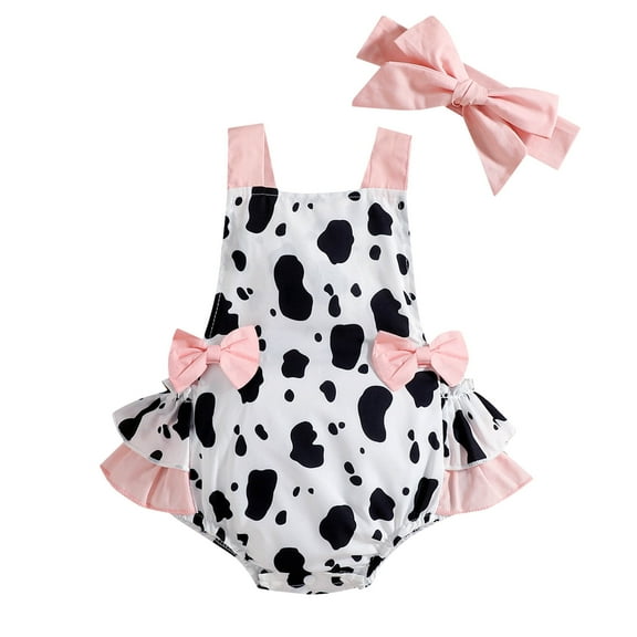IBTOM CASTLE Baby Girl 1st Birthday Outfit Cow Print Romper Summer Sleeveless Jumpsuit Ruffle Backless Sunsuit Dress with Headband Cake Smash Photo Shoot Clothes 12-18 Months Pink Cow