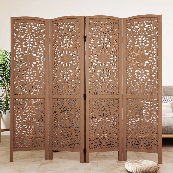 67 Inch Room Divider Wood Screen - Boho 4 Panels Folding Wooden Hand Carved Privacy Screen, Decorative Portable Freestanding Wall Partition for Home Office Restaurant Bedroom, Light Brown