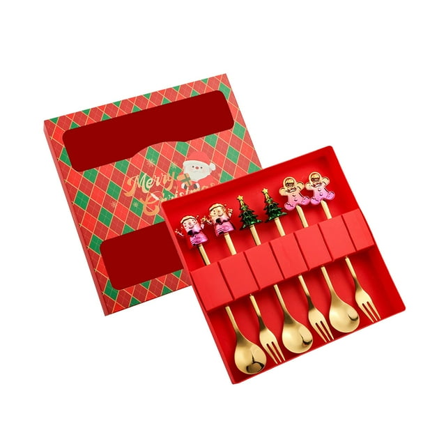 Lipstore Christmas Characters Spoons and Forks Flatware Decoration Portable Easy Cleaning Mixed Red Box