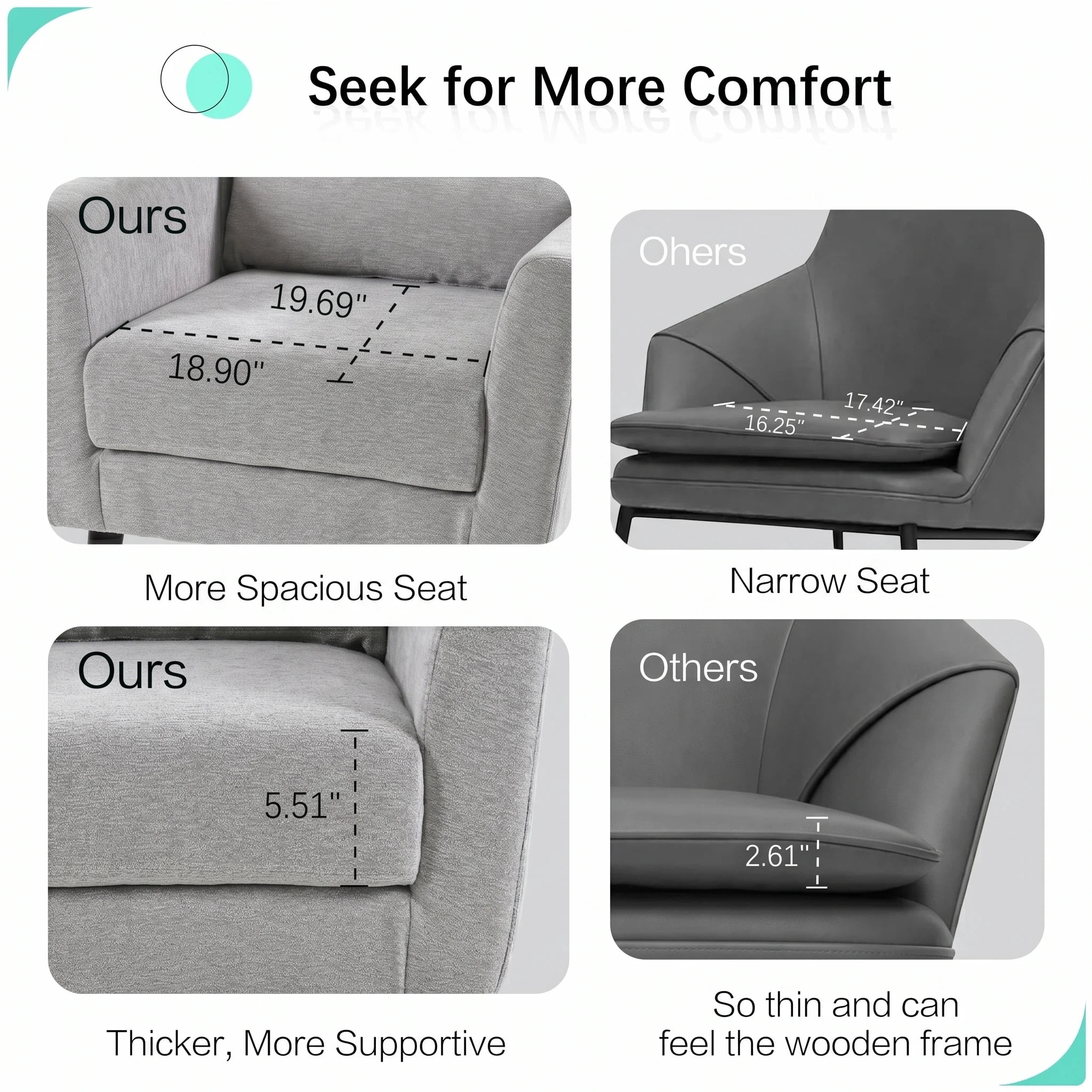 AISWORD Modern Accent Chair, Upholstered Armchair with Pillow, Fabric Single Sofa Chair with Lounge Seat and Wood Legs Accent Chair for Living Room Bedroom Small Spaces, Grey