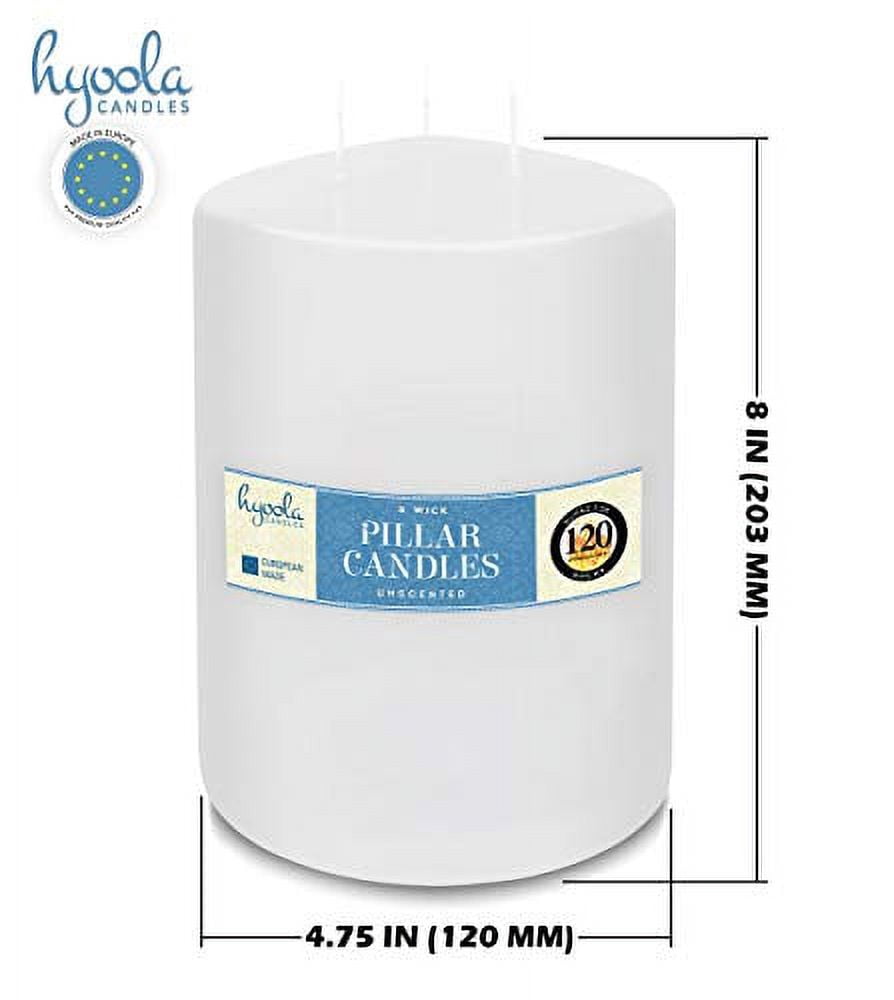 Hyoola 4.75" x 8" White Unscented European Made 3-Wick Pillar Candles, Dripless Paraffin Wax with Smokeless Cotton Wicks