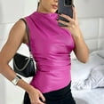 thumbnail image 4 of Women' Solid Mock Neck Sleeveless PU Leather Pleated Slim Fit Tank Top  XS, 4 of 8