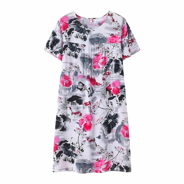 Tosmy Womens Nightgown Summer Cotton Silk Short Sleeve Sleep Dress For ...
