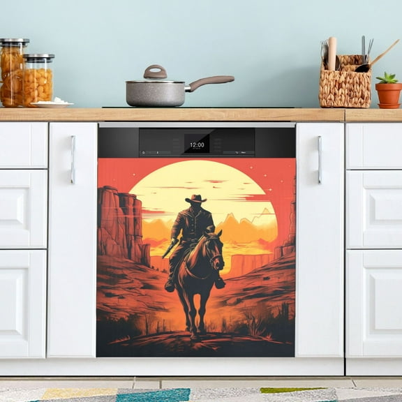 Cowboy and Sunset Dishwasher Magnet Cover Magnetic Fridge Door Cover Home Kitchen Decor 23"x 26"