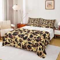 jejeloiu Chic Leopard Pattern Full Size Sheets,Cute Bow Ribbon Bed Sheets,Yellow Brown Sheet Sets For Men Women,Super Cozy Room Decor,4pcs