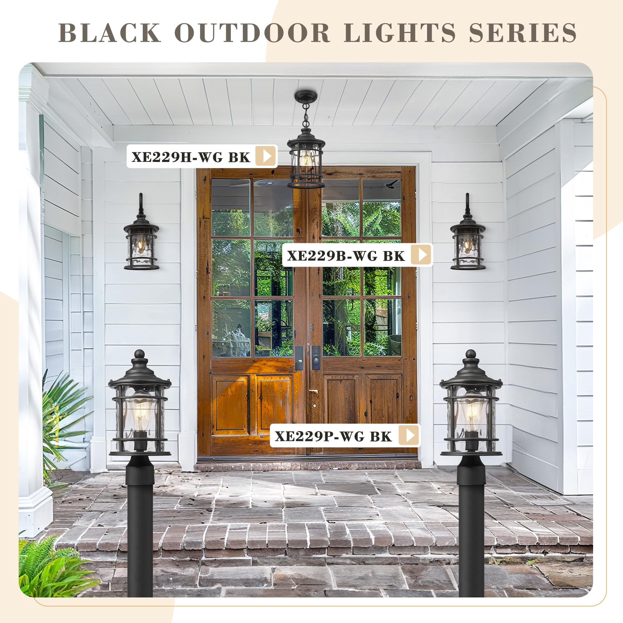Emliviar 15 inch Modern Outdoor Lamp Post Light for Patio Garden, Water Ripple Glass, Black Finish, XE229P-WG BK