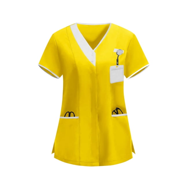 Craaazy Plus Size Women's Solid Color Nursing Scrub T-shirts with Contrast V-Neck and Multi Pockets for Medical Work Gift