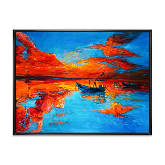 Designart 'Boats During Warm Sunset Resting On The Water VI' Nautical & Coastal Framed Canvas Wall Art Print