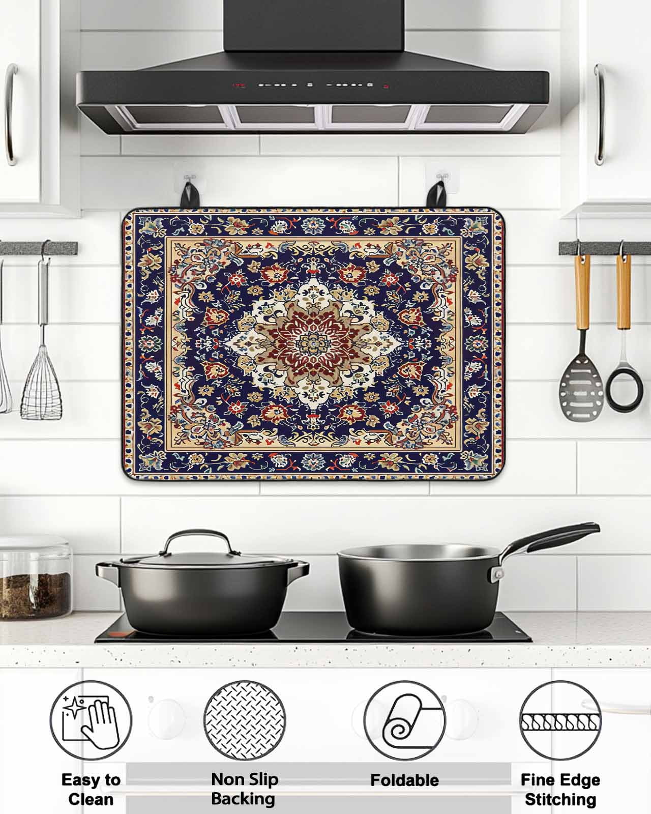 Stove Top Covers for Electric Stove, Navy Blue Boho Glass Stovetop Cover Protector, Contemporary Abstract Ethnic Vintage Geometric Induction Cooktop Protector Oven Mat for Kitchen Countertop 24"x21"