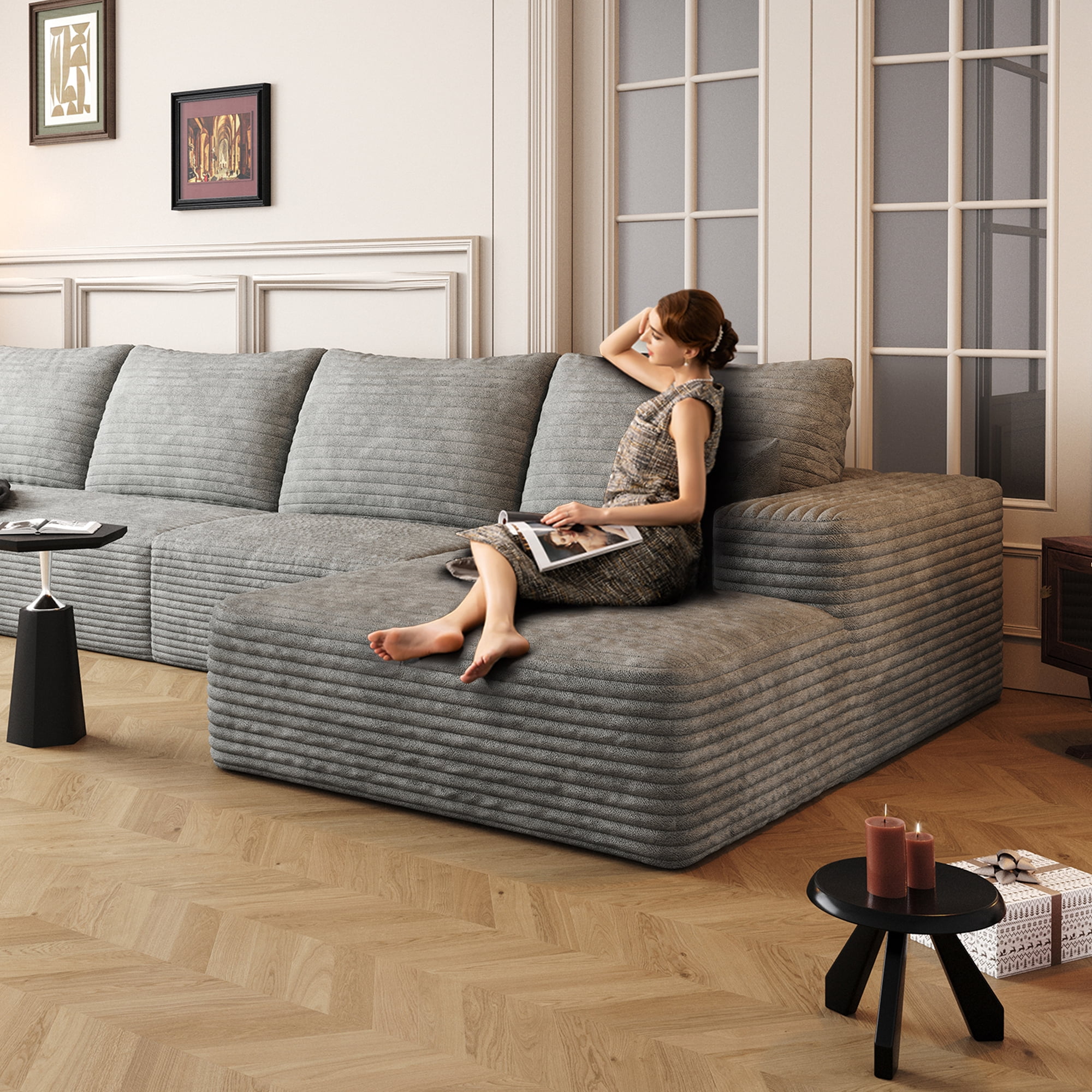 107" Modular Cloud Sectional Sofa with Right-Facing Chaise, Deep Seat Couch in Plush Corduroy Fabric, No Assembly, Grey