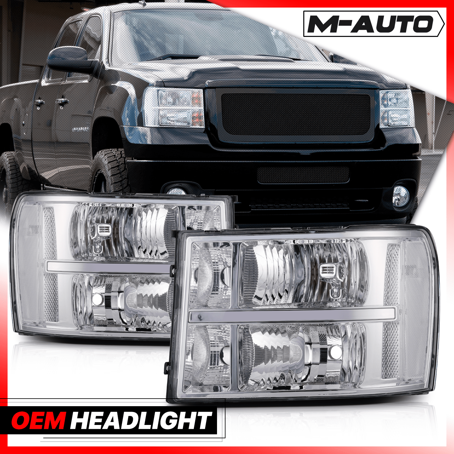 M-AUTO Headlamps Assembly Headlamps Replacement for 2007-2014 GMC Sierra Truck, Chrome Housing Clear Lens Clear Corner