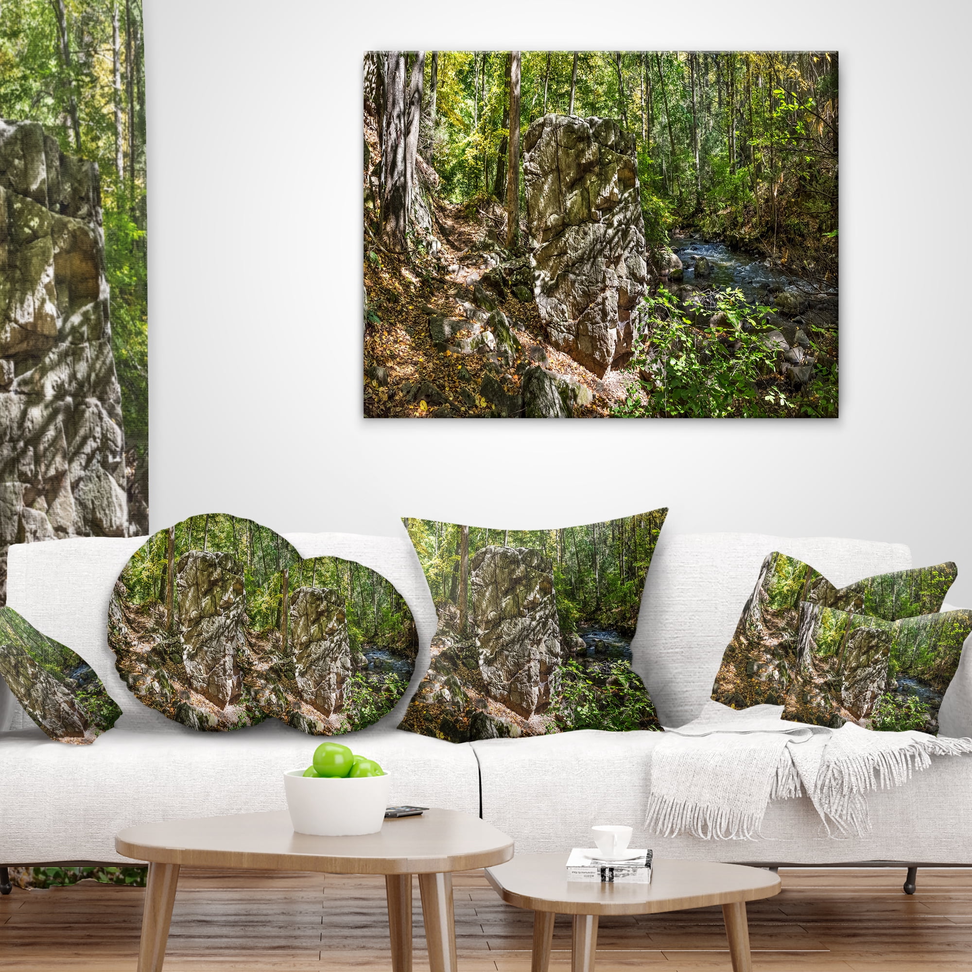 Designart Huge Rock in Black River Shore - Landscape Printed Throw Pillow - 16x16