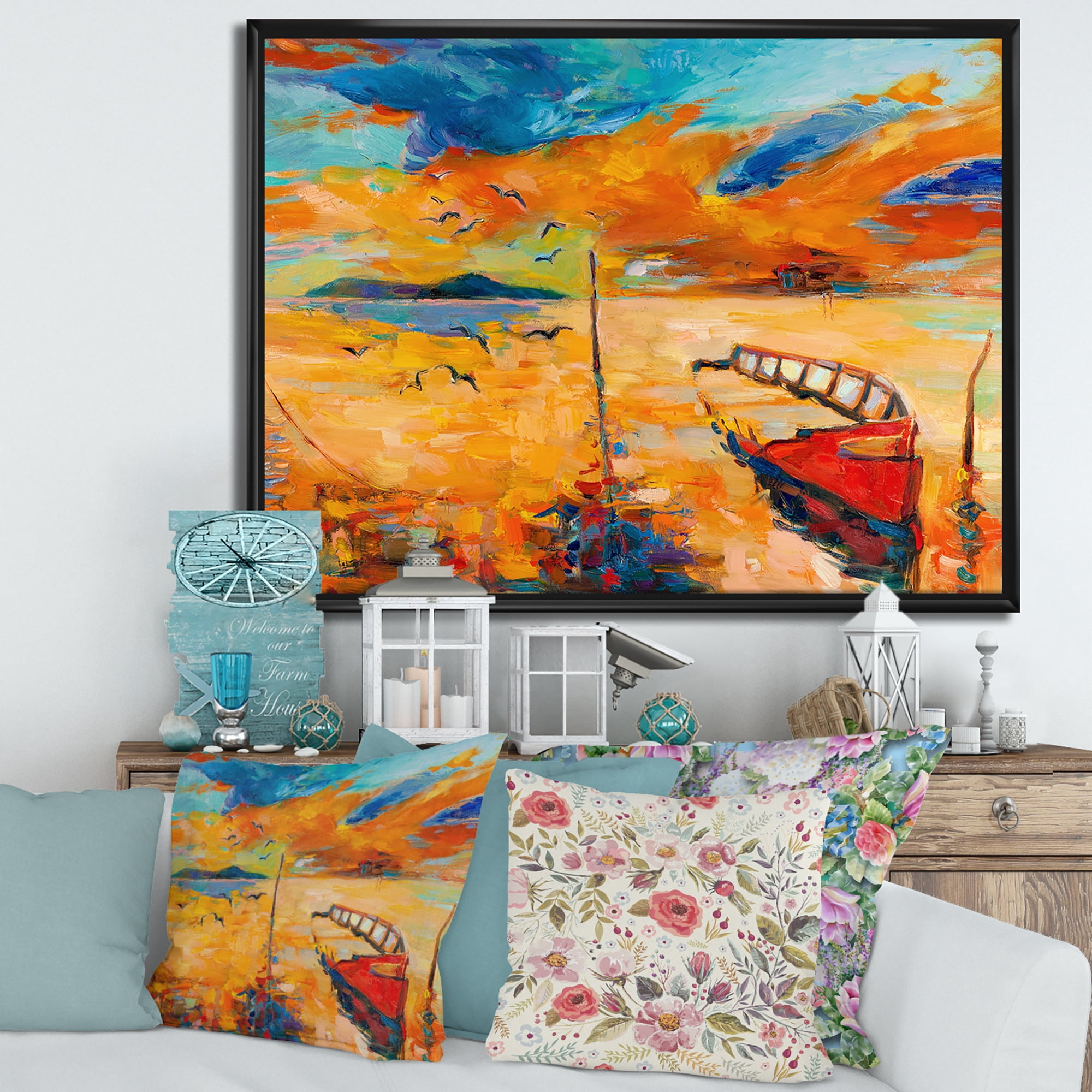 Designart 'Boat At The Lake During Evening Glow VIII' Nautical & Coastal Framed Canvas Wall Art Print