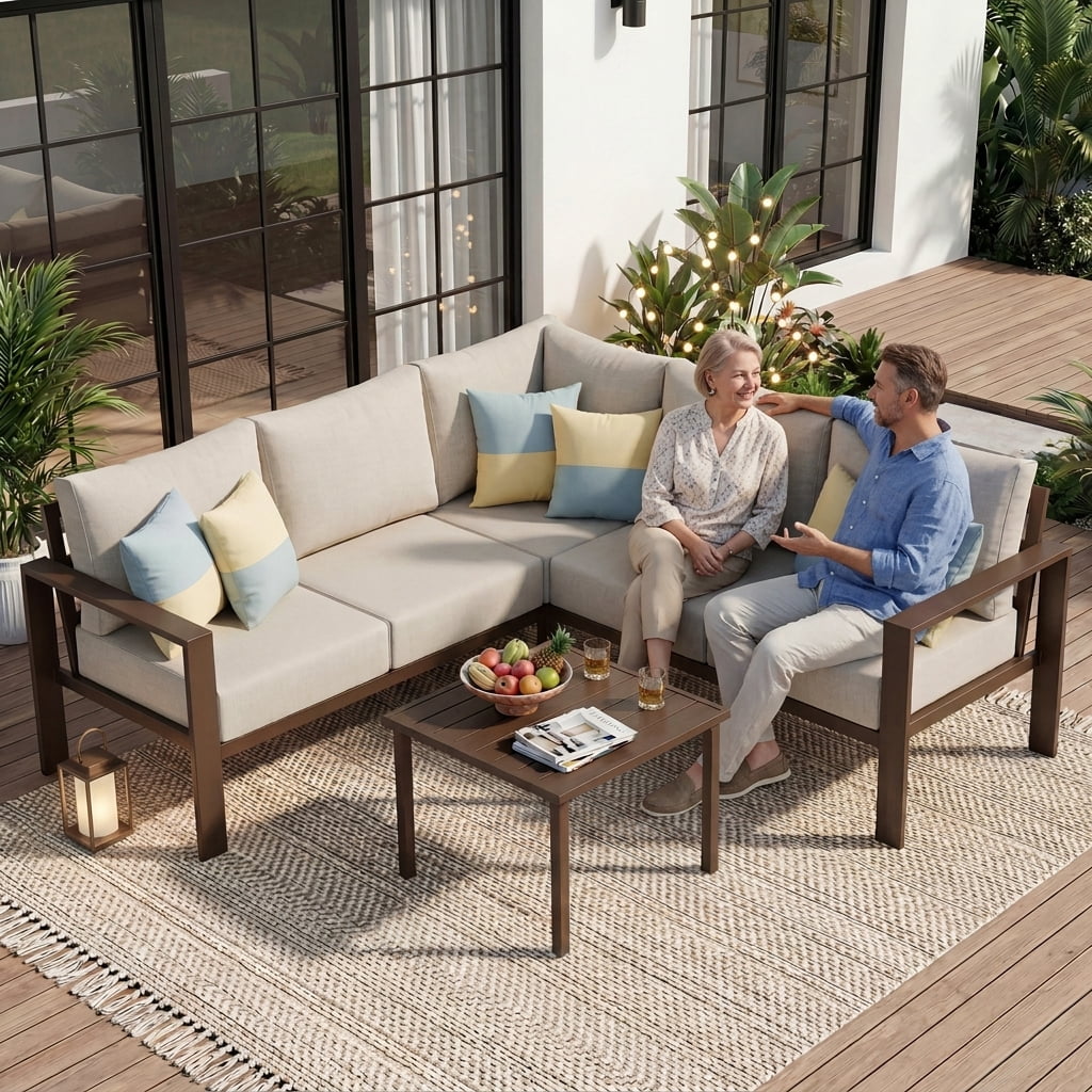 Poteban 6-Piece L-Shaped Outdoor Conversation  Set, Metal Sectional Sofa with 6" Thick Olefin Cushions, Wide Armrests & Coffee Table, Beige for Garden Backyard