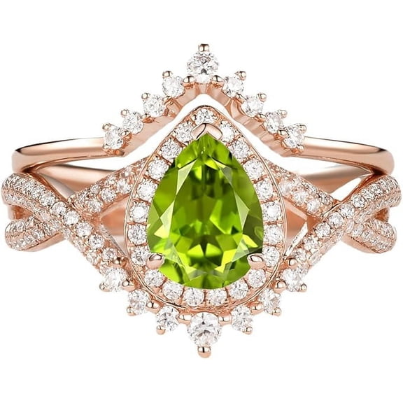 beryl_creation 2.00 Ct Pear Cut Green Peridot Wedding Engagement Bridal Ring Set 14K Rose Gold Plated 925 Sterling Silver For Women's -4.5